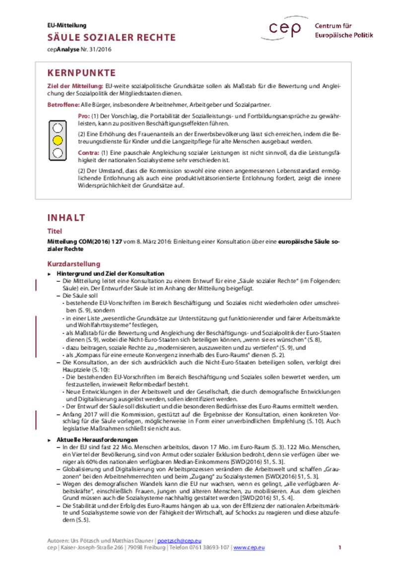 Säule sozialer Rechte COM(2016) 127