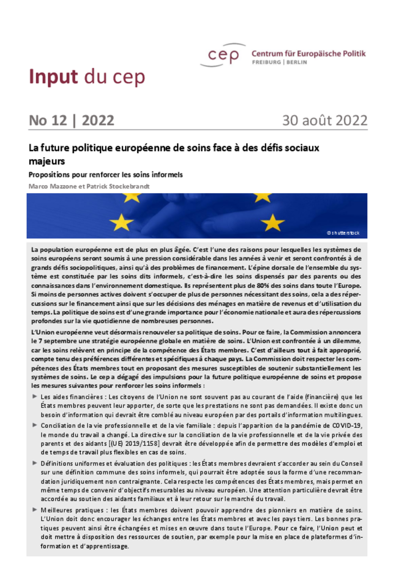 Stratégie européenne en matière de soins : le cep Fribourg/Berlin demande plus d'aide pour l'entourage privé