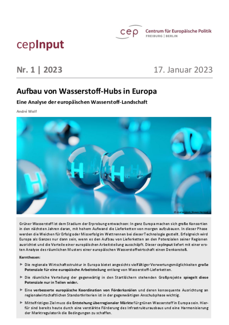 Aufbau von Wasserstoff-Hubs in Europa (cepInput)