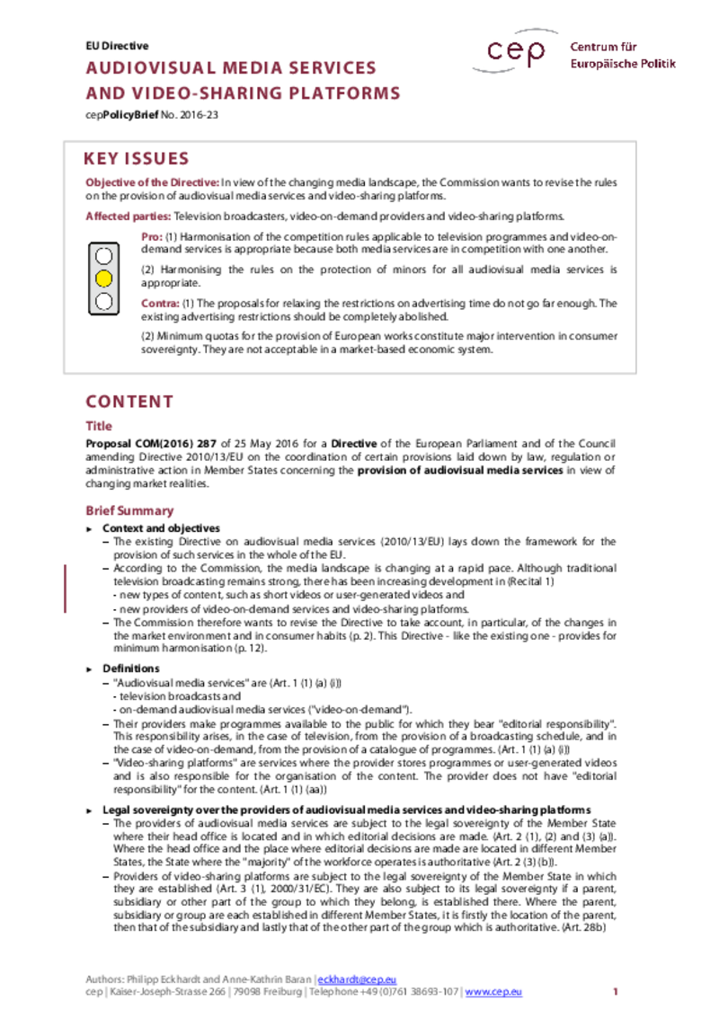 Audiovisual media and video-sharing platforms COM(2016) 287