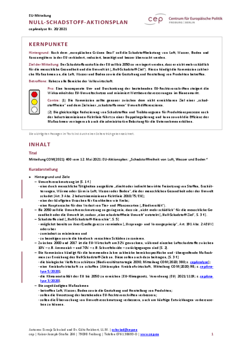 Null-Schadstoff-Aktionsplan (cepAnalyse zu COM2021 400)