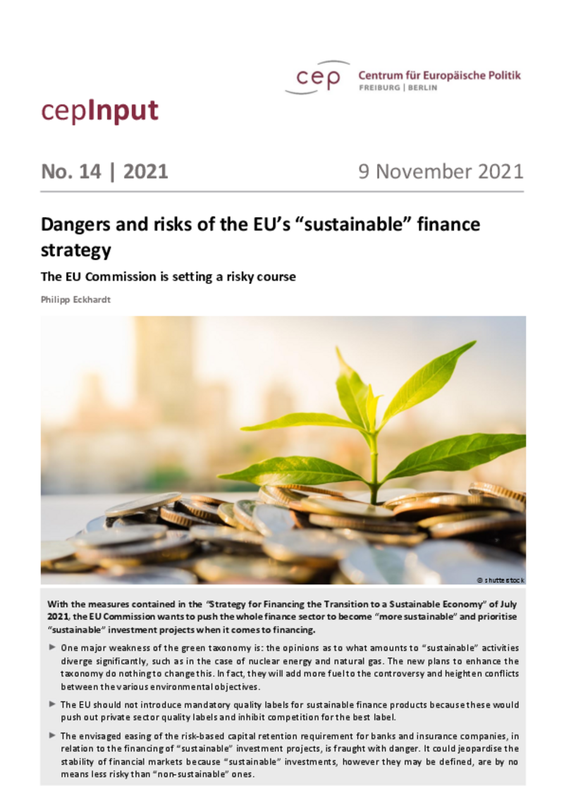 Rischi e pericoli della strategia dell’UE rivolta alla finanza “sostenibile” (cepInput)