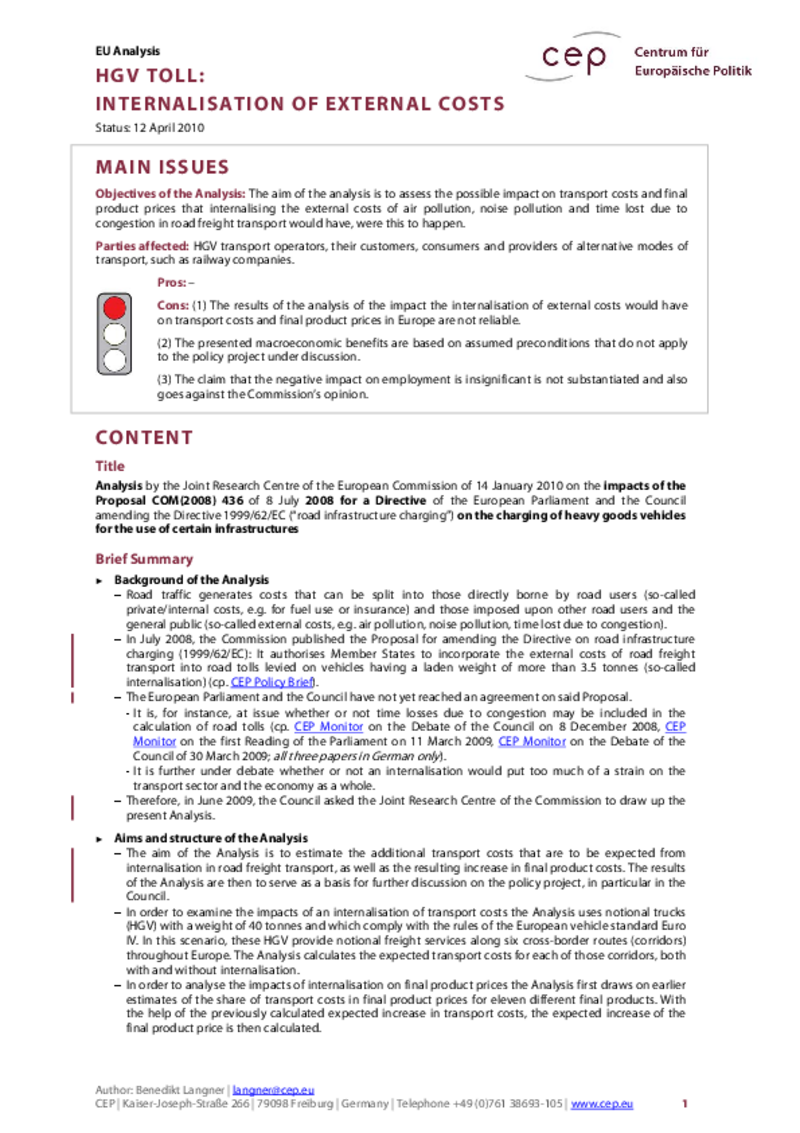 HGV Toll: Internalisation of External Costs COM(2008) 436