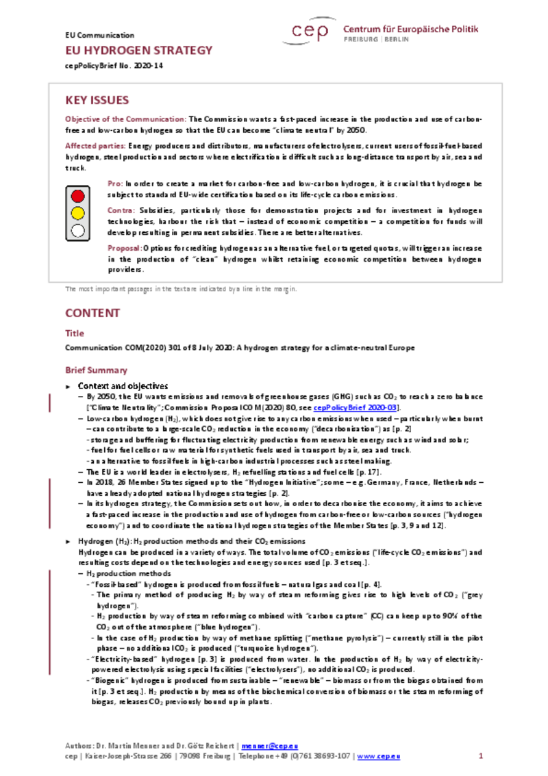 EU Hydrogen Strategy (cepPolicyBrief)