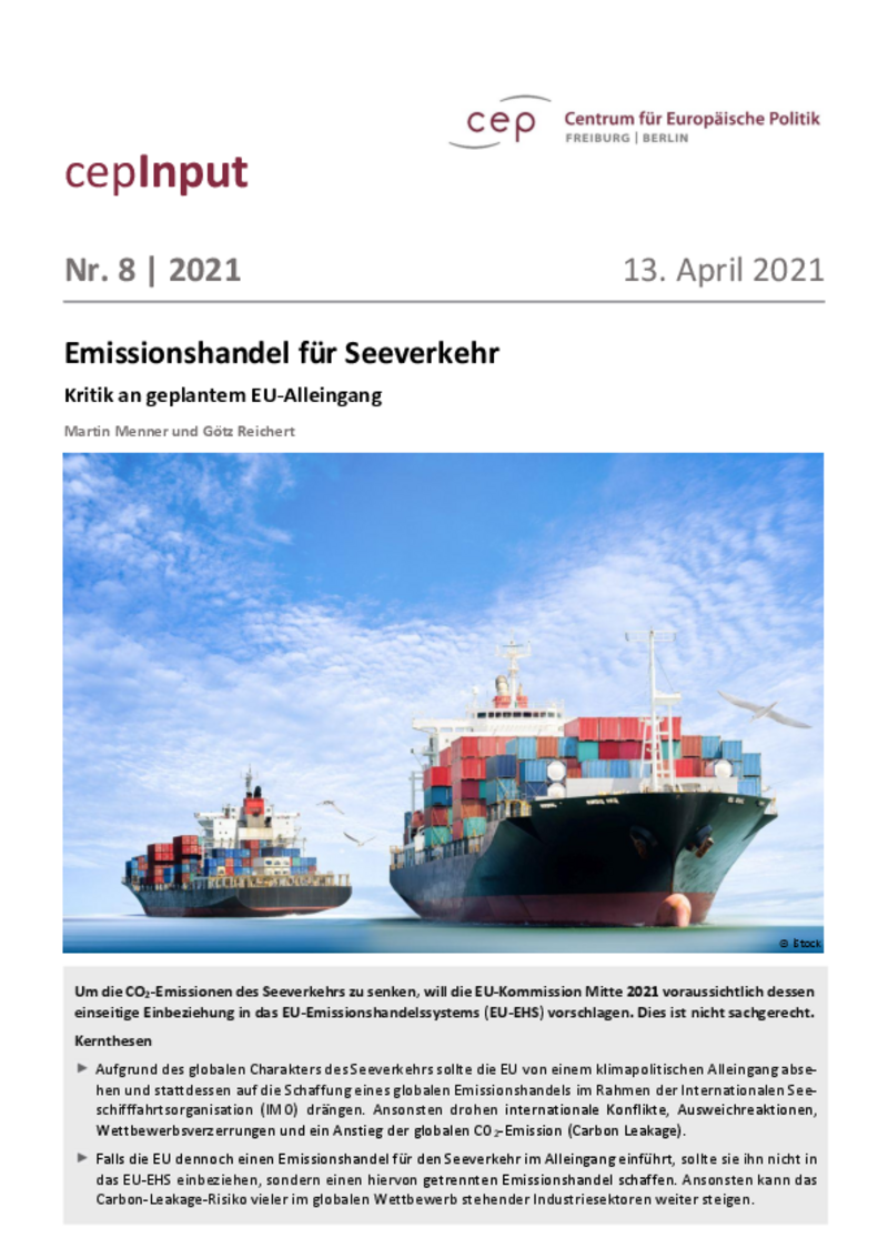 Emissionshandel für Seeverkehr – Kritik an geplantem EU-Alleingang (cepInput)