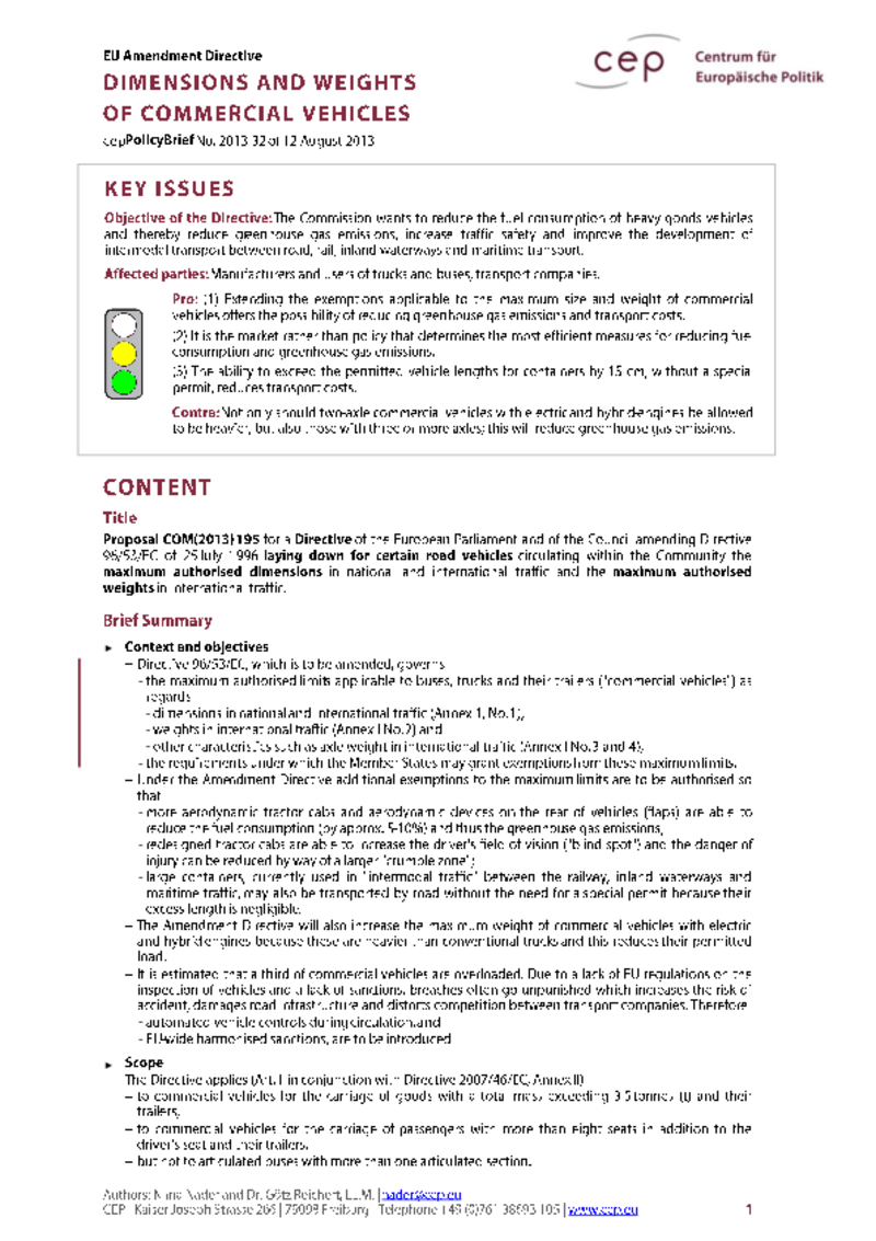 Dimensions and Weights of Commercial Vehicles COM(2013) 195