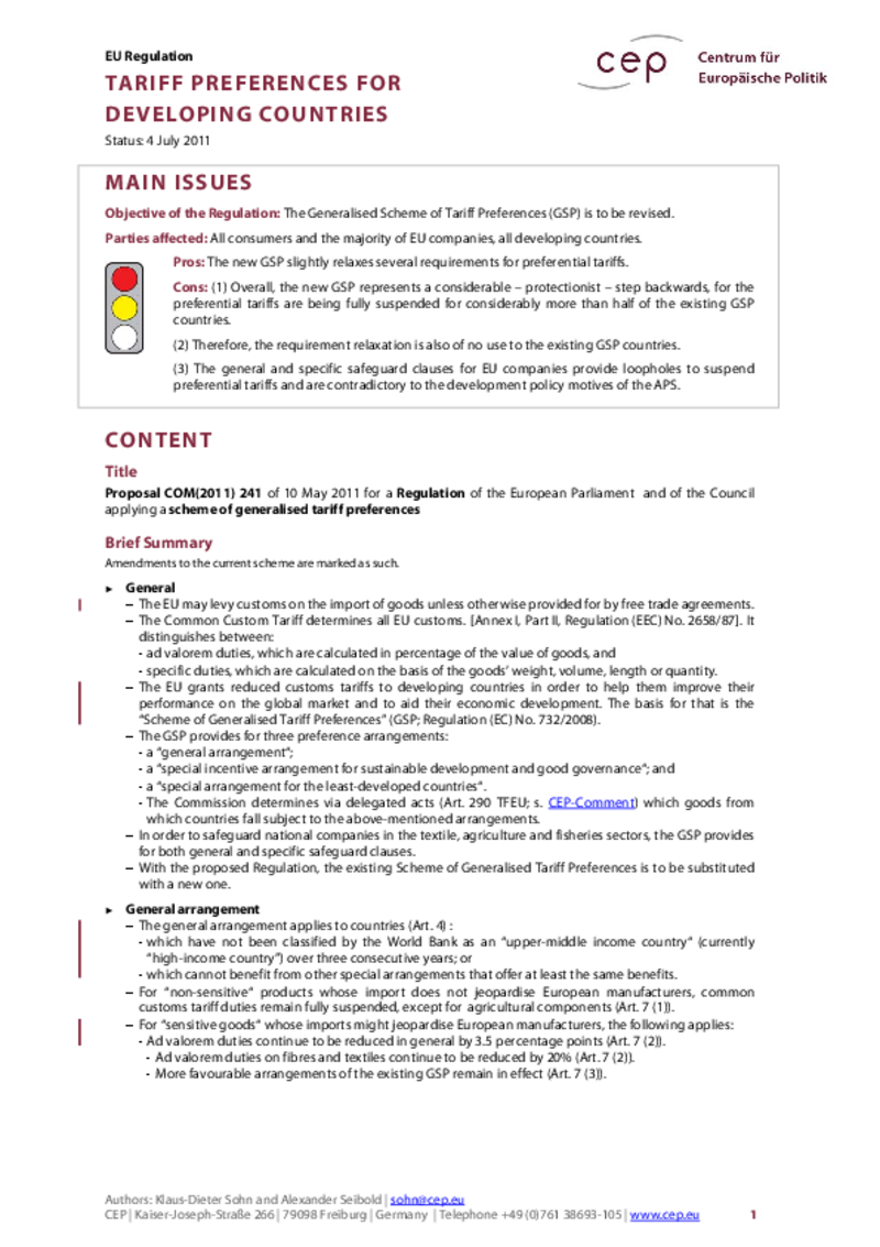 Tariff Preferences for Developing Countries COM(2011) 241