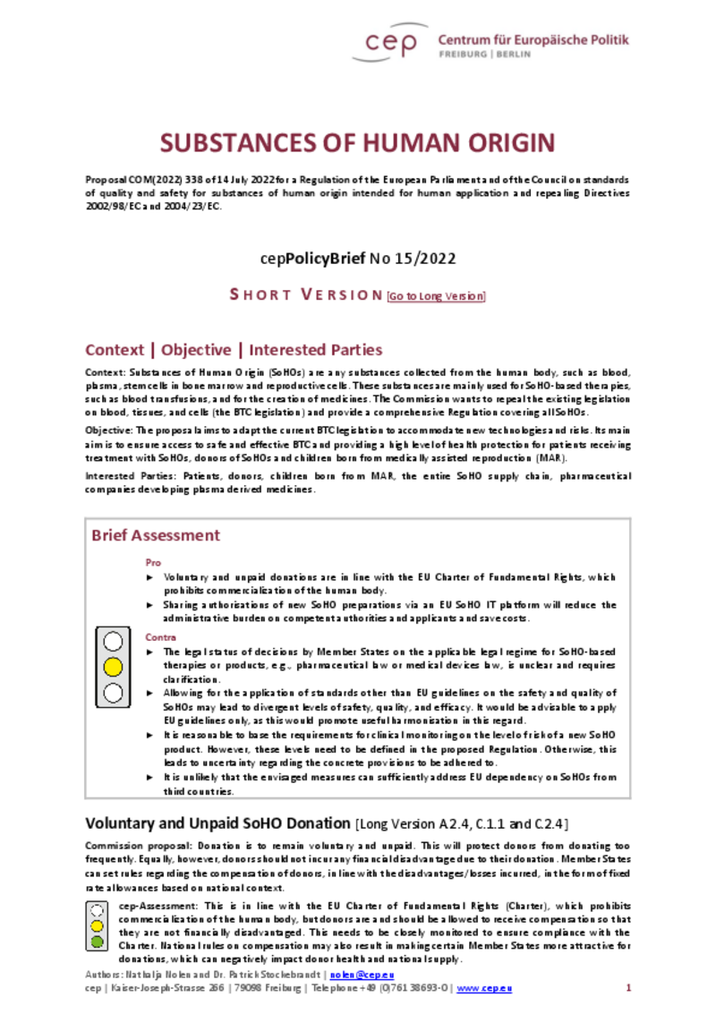 Substances of Human Origin (cepAnalyse zu COM(2022) 338) Short Version