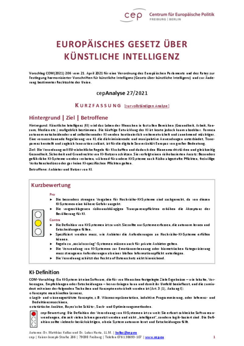 Europäisches Gesetz über Künstliche Intelligenz Kurzfassung (cepAnalyse zu COM2021 206)