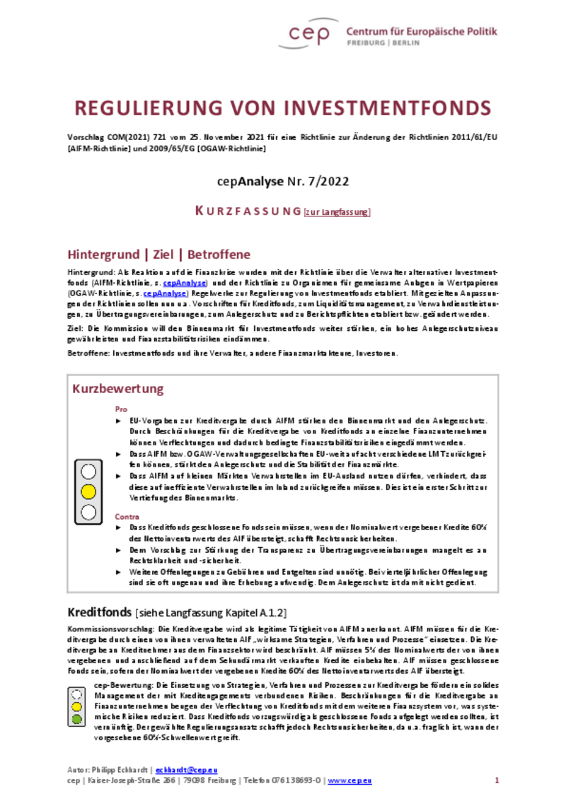Regulierung von Investmentfonds (cepAnalyse Kurzfassung)