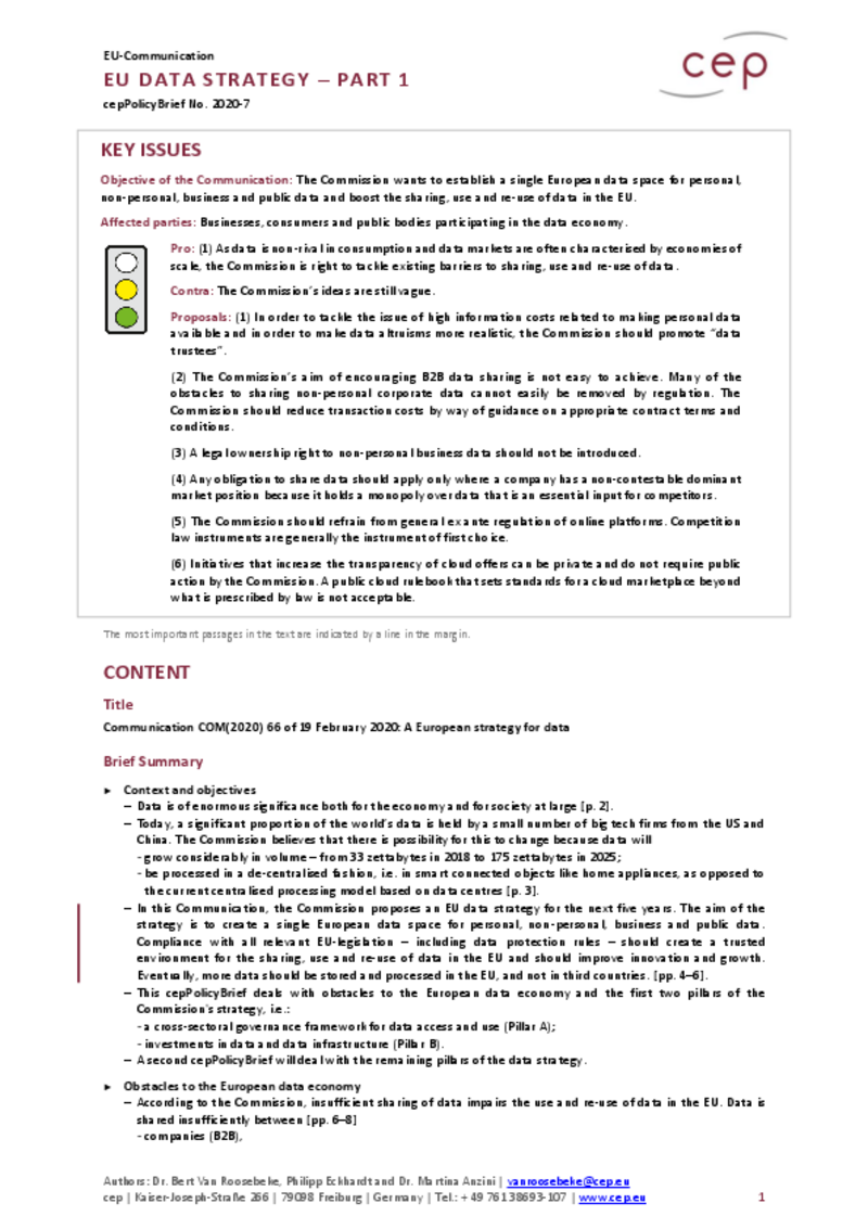 EU Data Strategy - Part 1 (cepPolicyBrief to Communication (COM2020) 66)