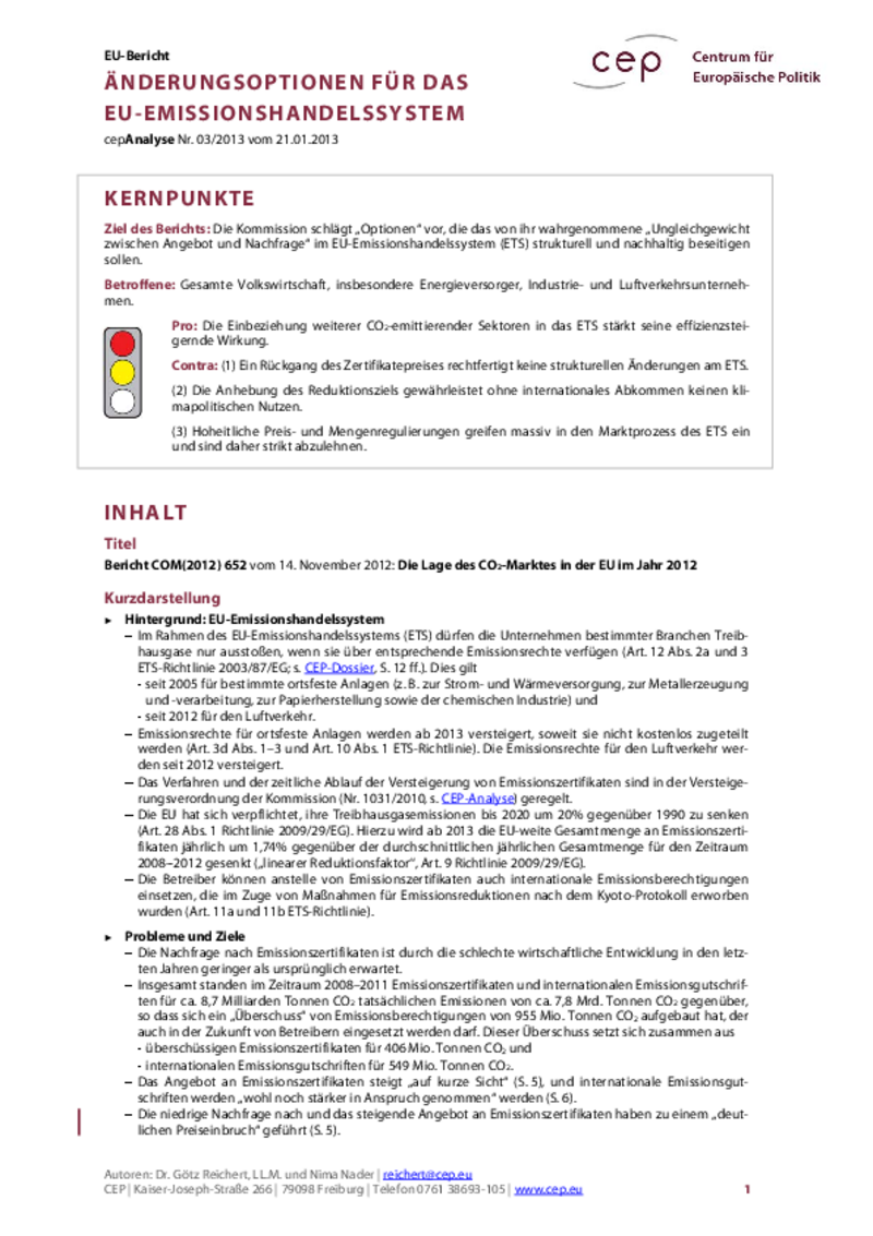 Änderungsoptionen für das Emissionshandelssystem COM(2012) 652