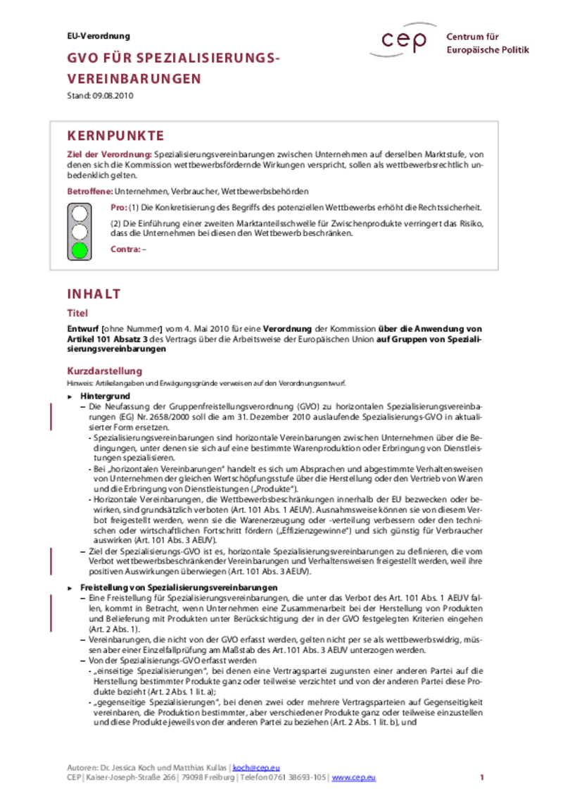 Gruppenfreistellungsverordnung für Spezialisierungsvereinbarungen