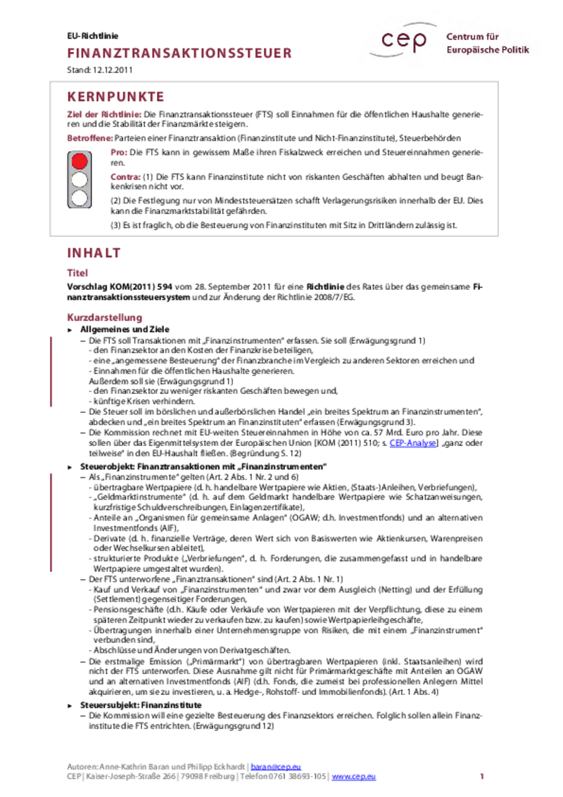 Finanztransaktionssteuer KOM(2011) 594