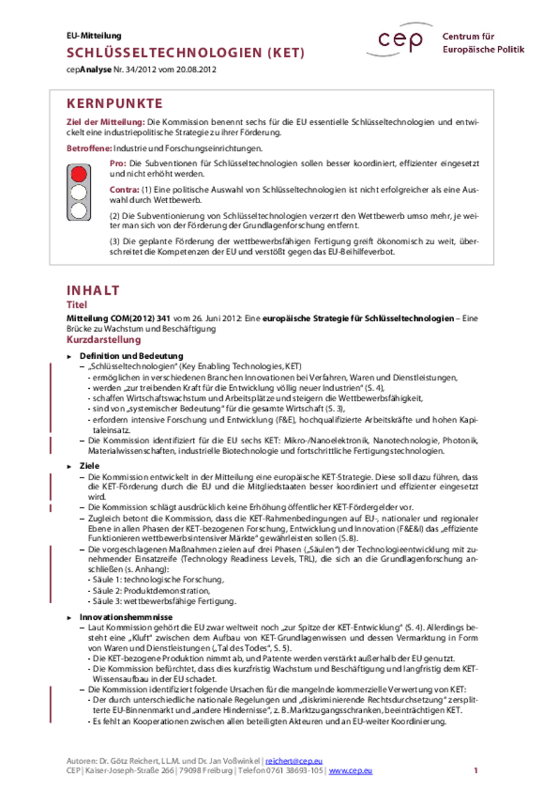 Schlüsseltechnologien (KET) COM(2012) 341