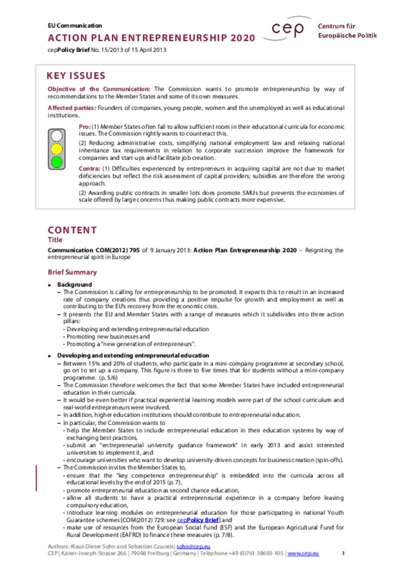 Action Plan Entrepreneurship 2020 COM(2012) 795