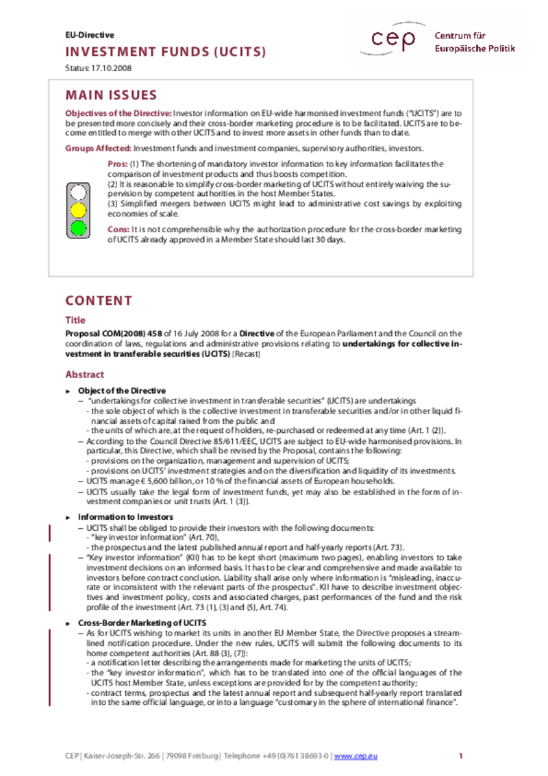 Investment Funds (UCITS) COM(2008) 458