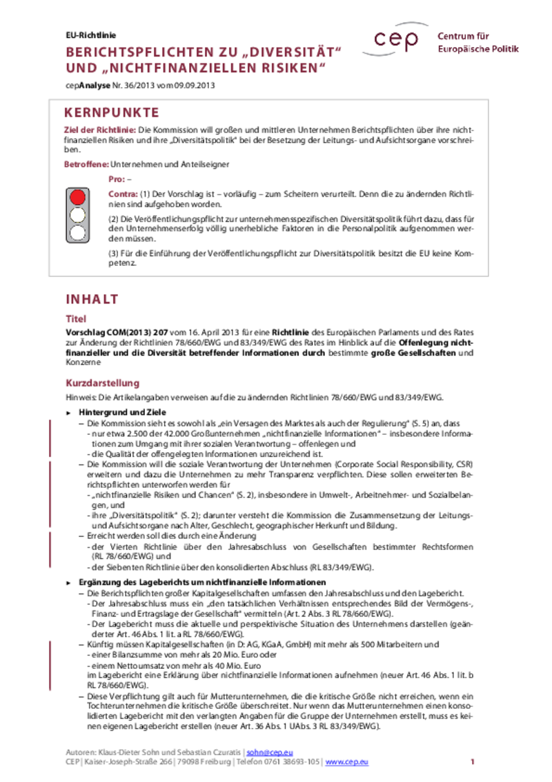 Berichtspflichten zu „Diversität“ und „nichtfinanziellen Risiken“ COM(2013) 207