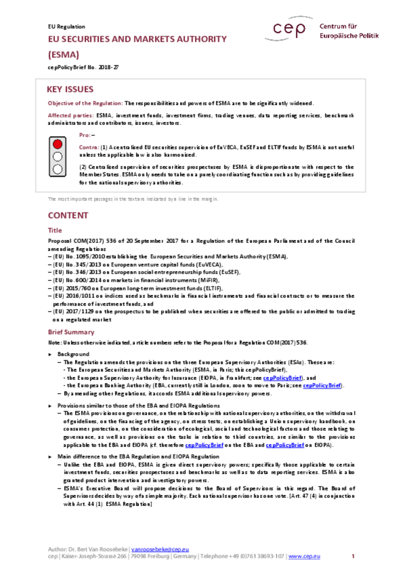 EU Securities and Markets Authority (ESMA) COM(2017) 536