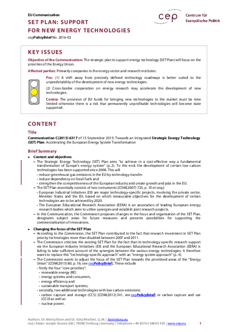 SET Plan: Support for new energy technologies C(2015) 6317