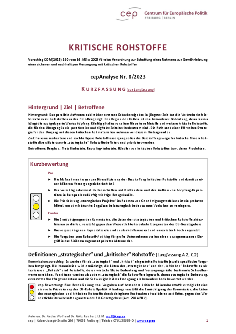 Kritische Rohstoffe (cepAnalyse) Kurzfassung