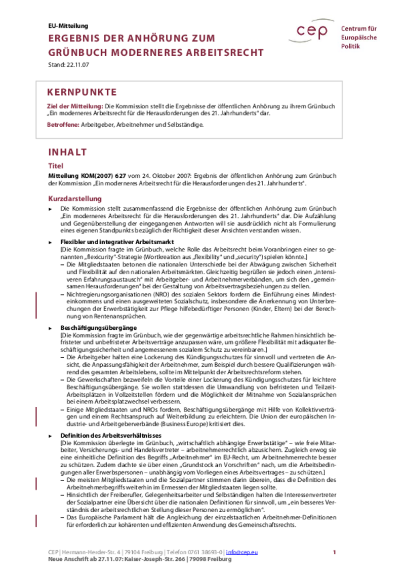 Ergebnis der Anhörung zum Grünbuch moderneres Arbeitsrecht KOM(2007) 627