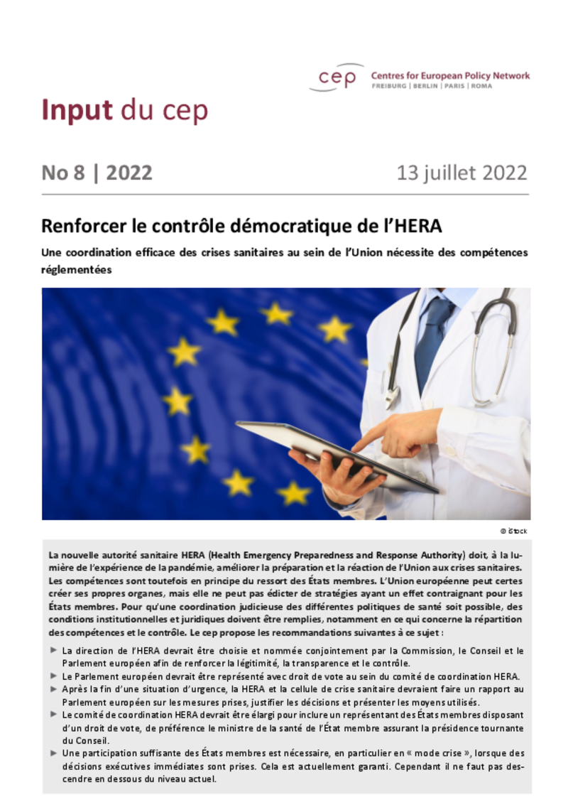 Autorité de santé HERA : le cep insiste sur le contrôle par le Parlement et les États membres