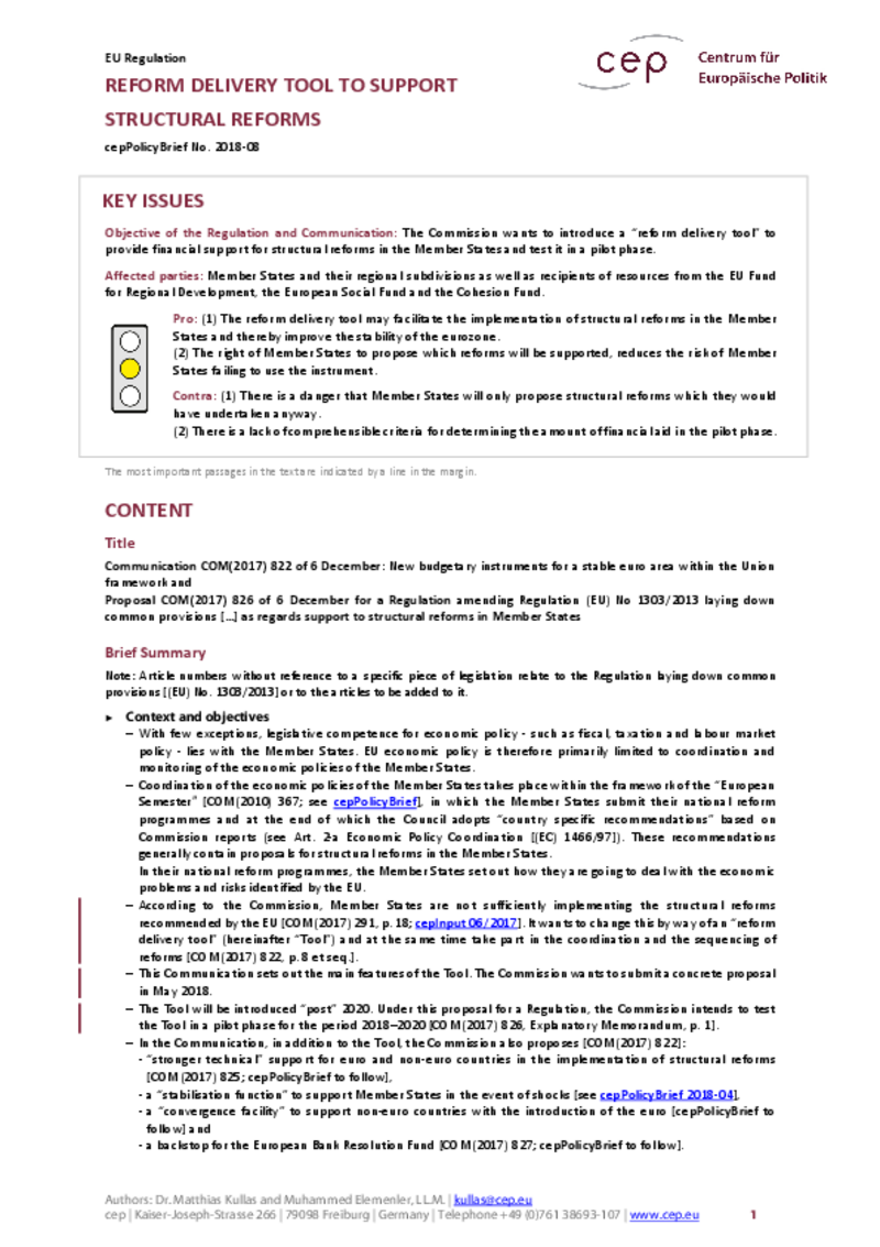 Reform Delivery Tool to Support Structural Reforms COM(2017) 826