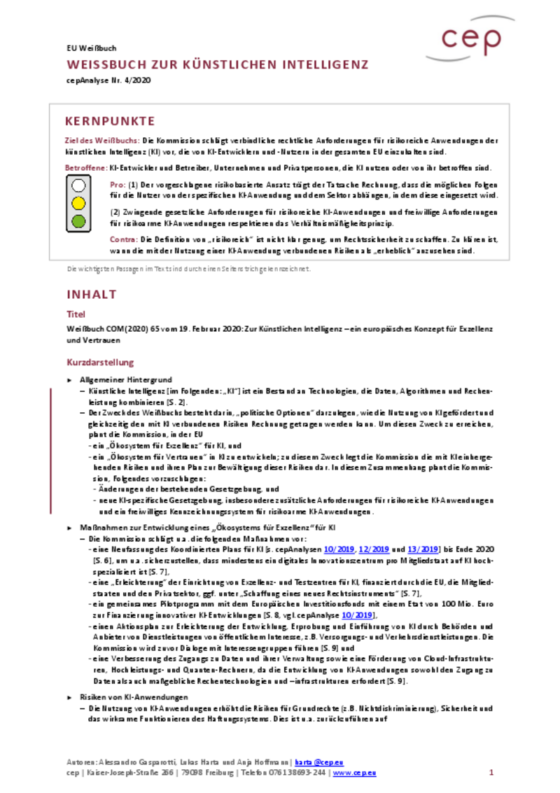 Weißbuch zur künstlichen Intelligenz (cepAnalyse zu Weißbuch COM(2020) 65)