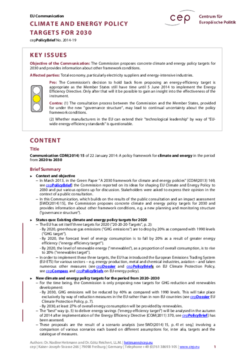 Climate and Energy Policy Targets for 2030 COM(2014) 15