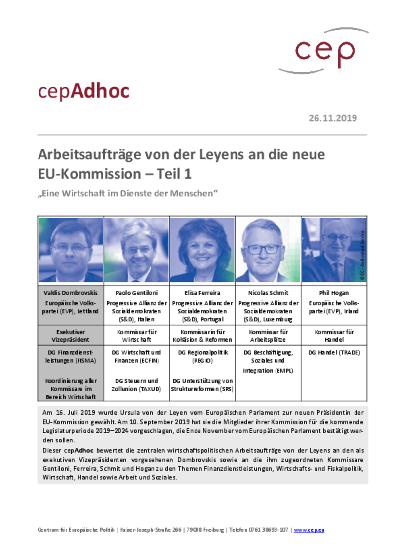 "Eine Wirtschaft im Dienste der Menschen": Arbeitsaufträge von der Leyens an die neue EU-Kommission – Teil 1 (cepAdhoc)