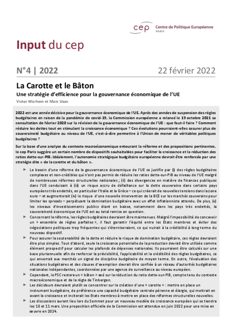 Réforme budgétaire de l'UE : le cep plaide en faveur d’une stratégie « de la carotte et du bâton »