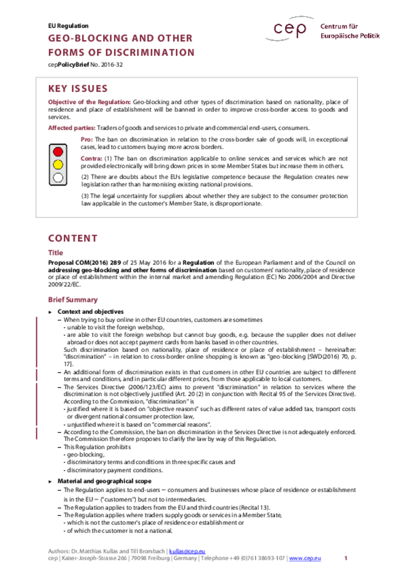 Geo-blocking and other forms of discrimination COM(2016) 289