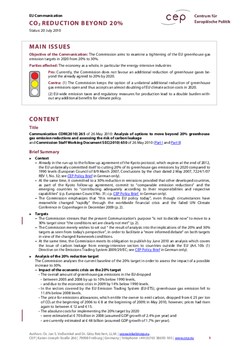 CO2 Reduction beyond 20% COM(2010) 265