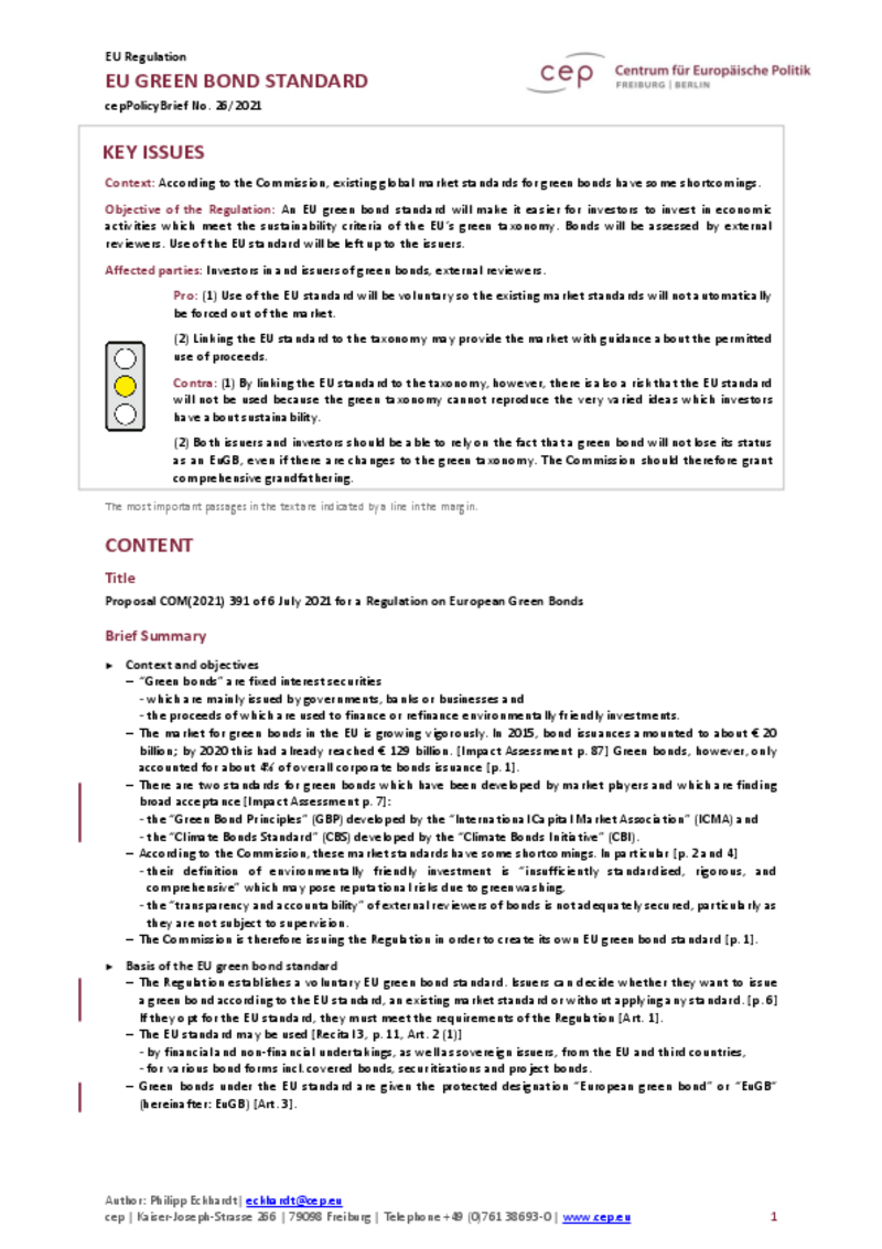 EU Green Bond Standard (cepPolicyBrief COM2021 391)
