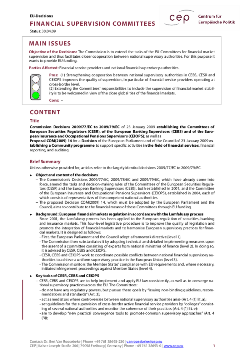 Financial Supervision Committees COM(2009) 14