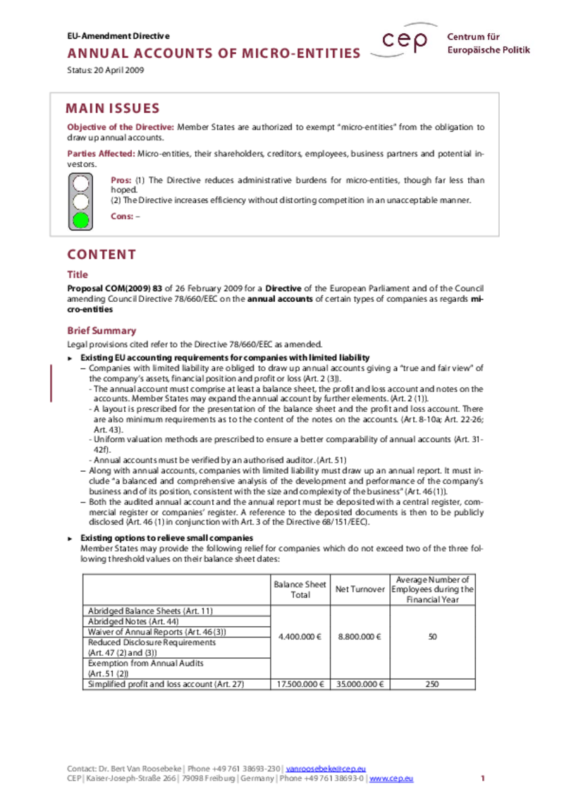 Annual Accounts of Micro-Entities COM(2009) 83