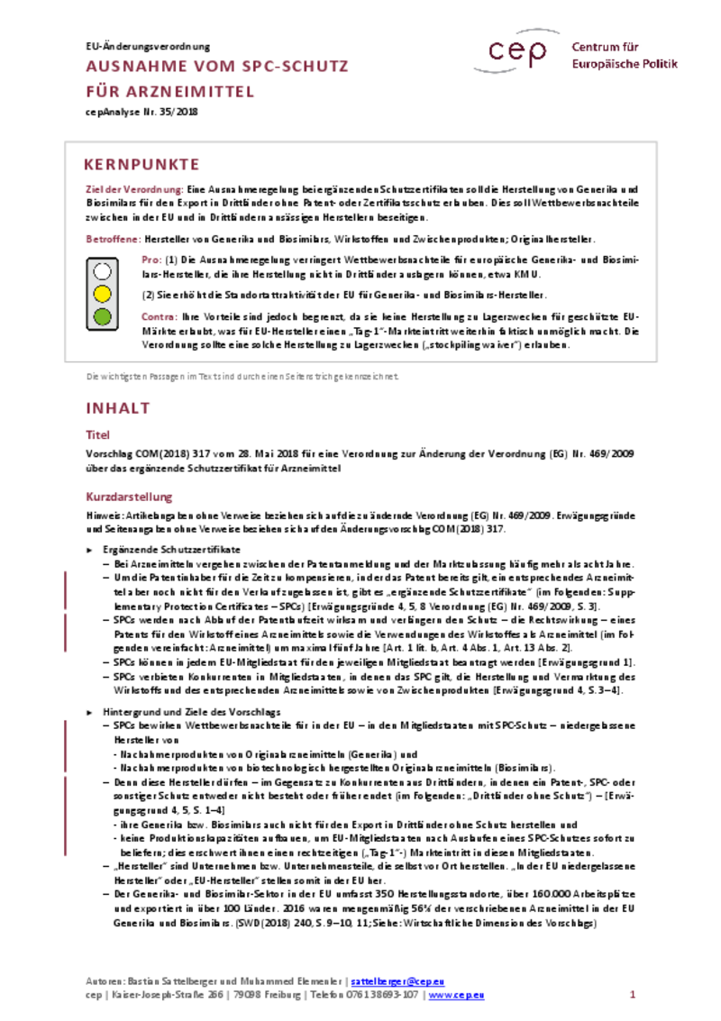 Ausnahme vom SPC-Schutz für Arzneimittel COM(2018) 317