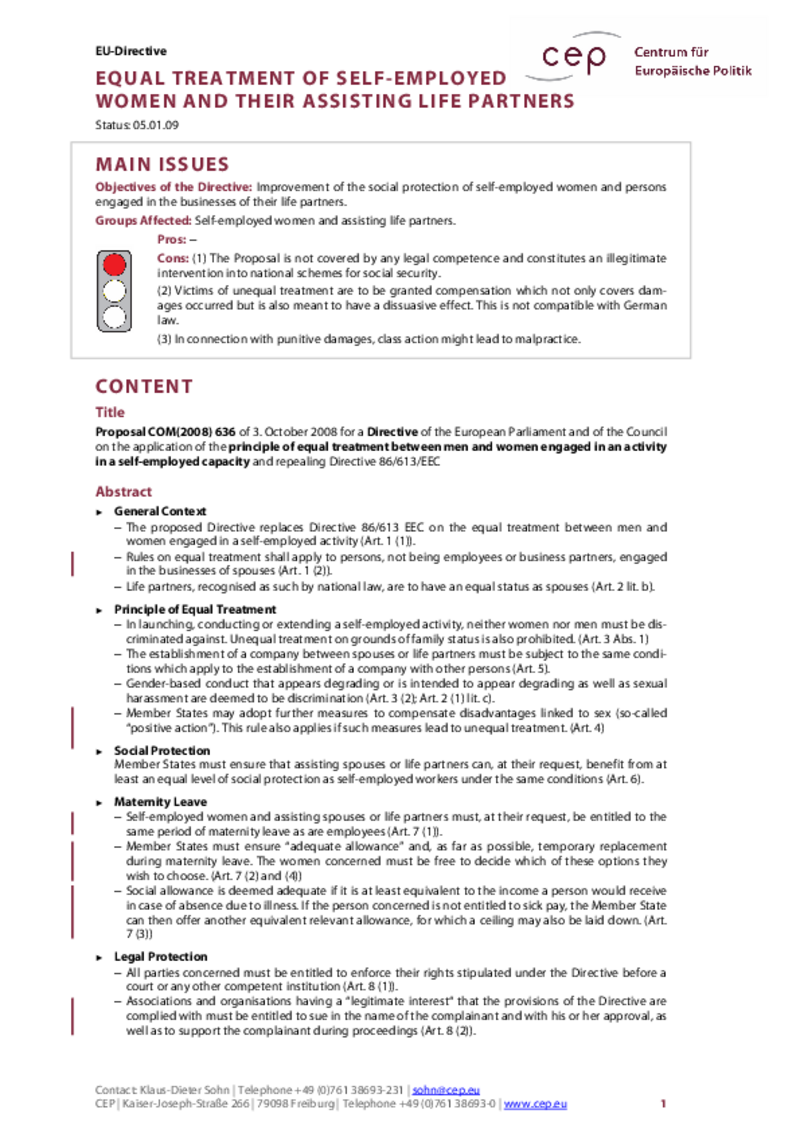 Equal Treatment of Self-Employed Women and their Life Partners COM(2008) 636