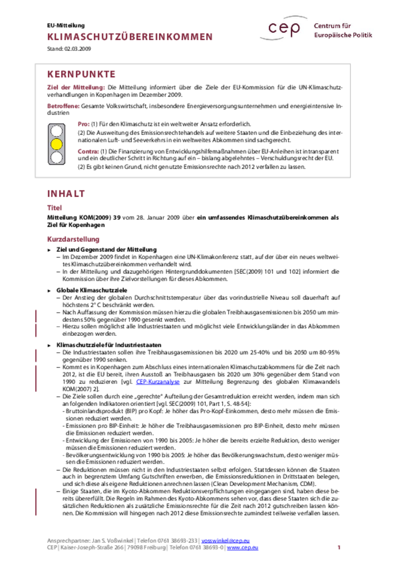 Klimaschutzübereinkommen KOM(2009) 39