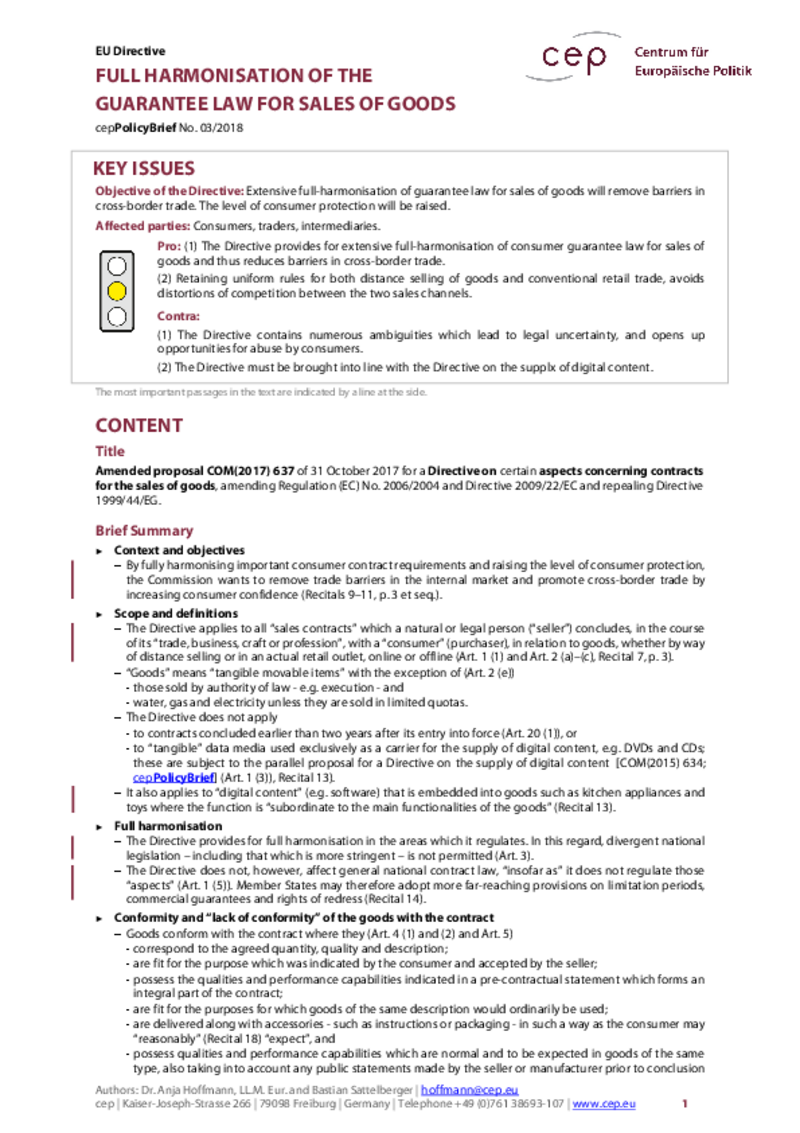 Full Harmonisation of the Guarantee Law for Sales of Goods COM(2017) 637