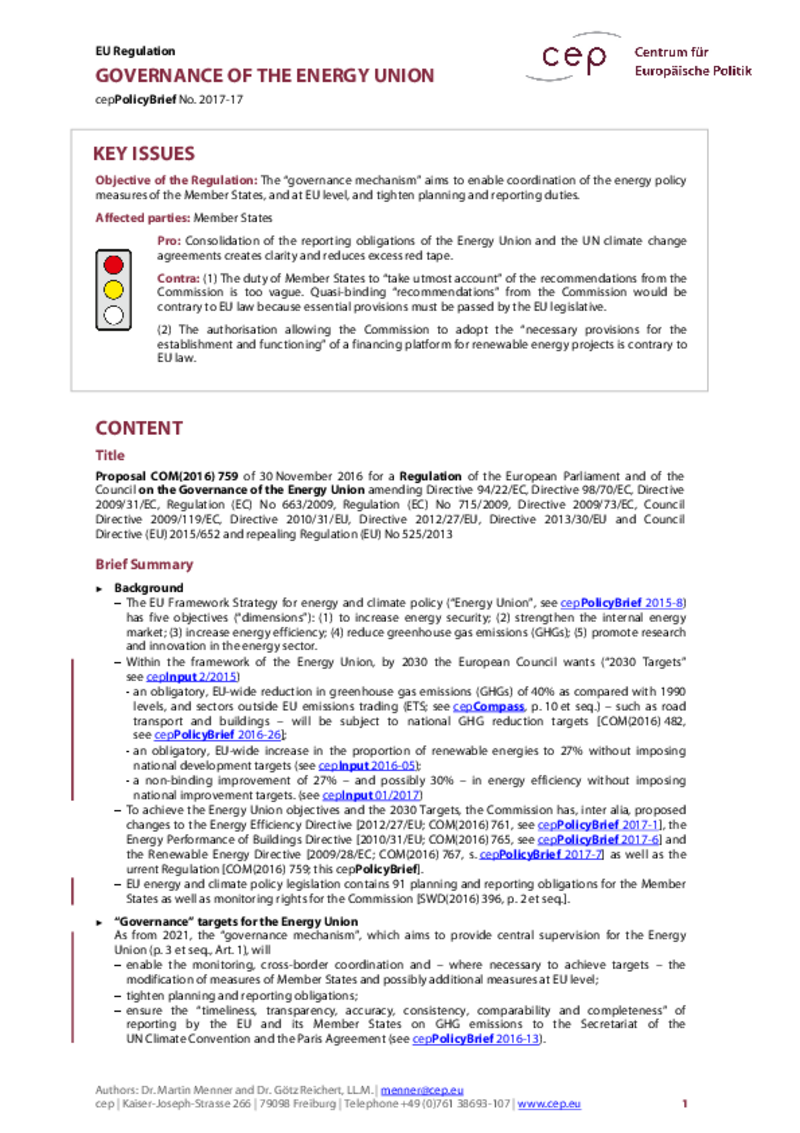 Governance of the Energy Union COM(2016) 759
