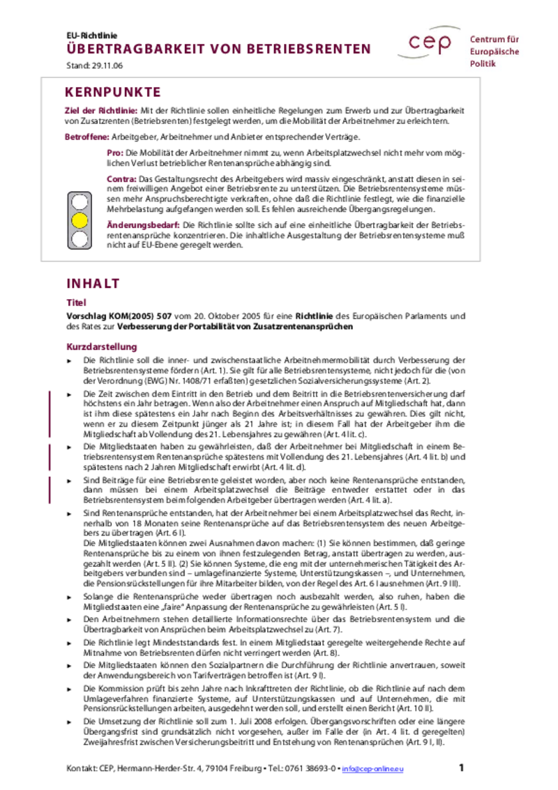 Übertragbarkeit von Betriebsrenten KOM(2005) 507