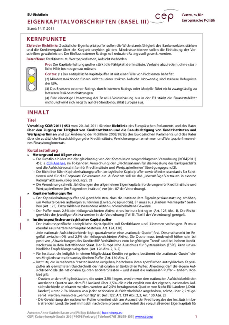 Eigenkapitalvorschriften (Basel III) KOM(2011) 453