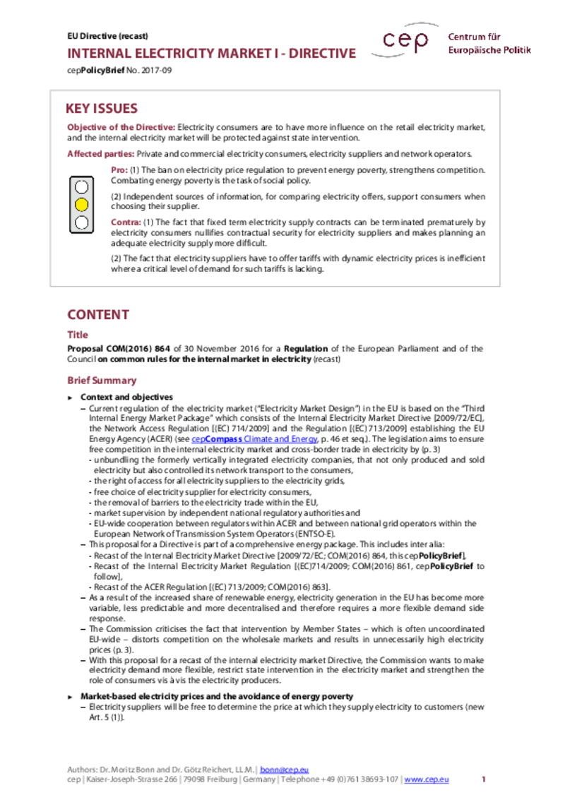 Internal Electricity Market - Part 1 COM(2016) 864