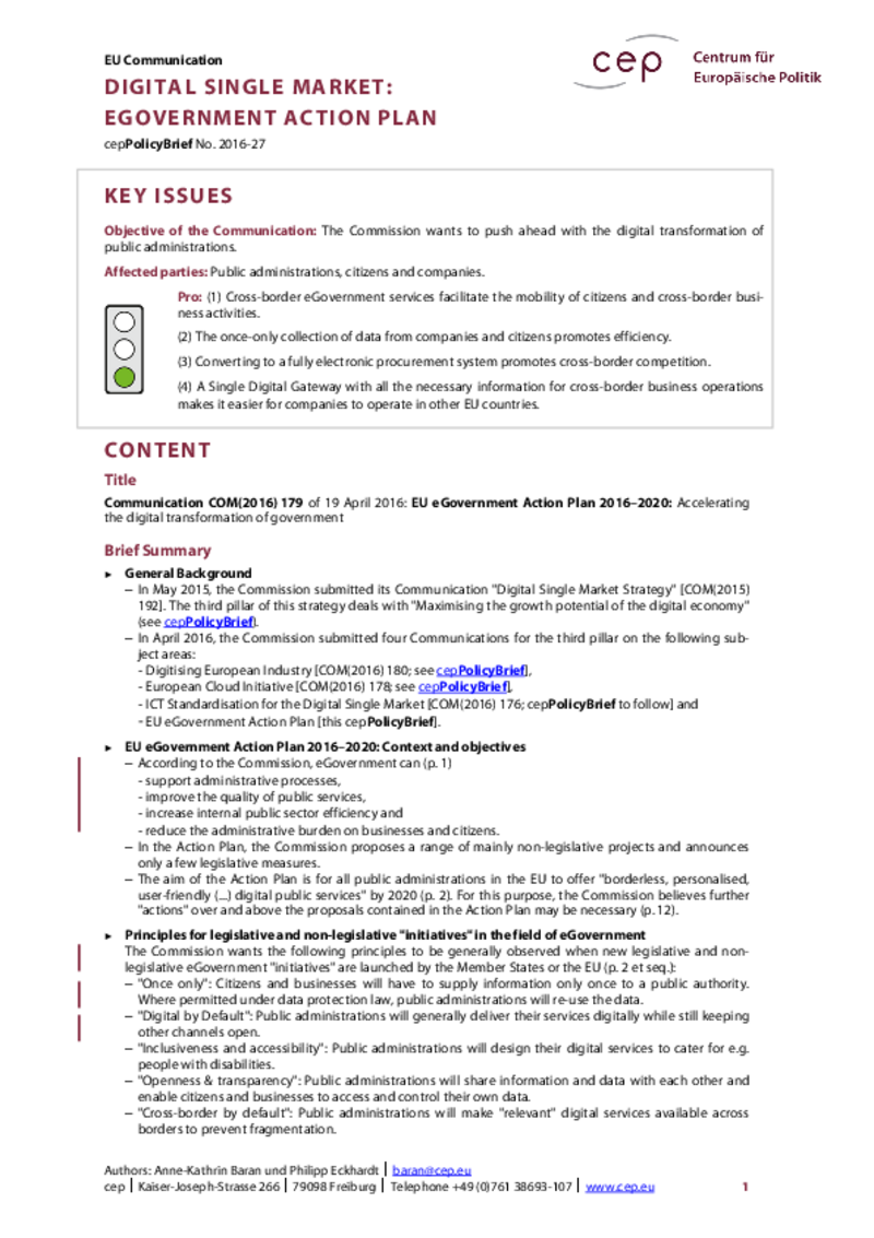 Digital Single Market: eGovernment Action Plan COM(2016) 179
