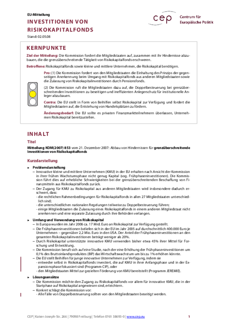 Investitionen von Risikokapitalfonds KOM(2007) 853