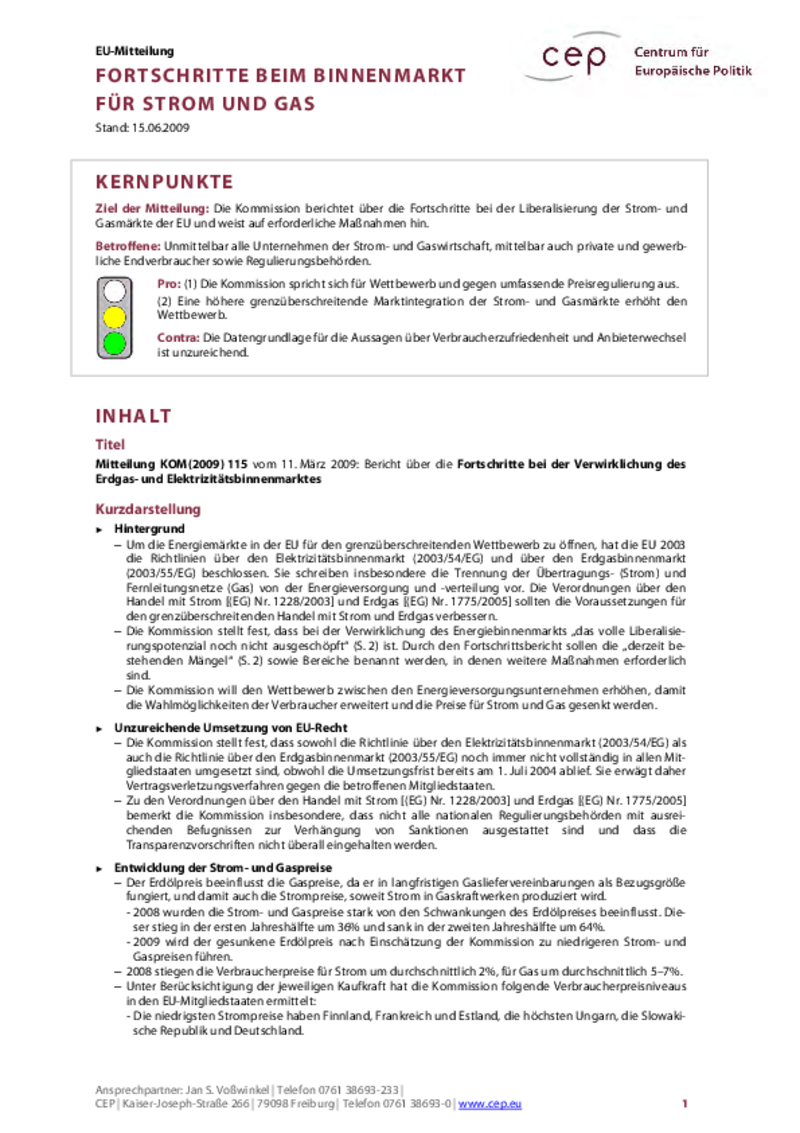Fortschritte beim Binnenmarkt für Strom und Gas KOM(2009) 115