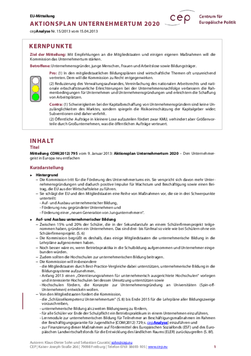Aktionsplan Unternehmertum 2020 COM(2012) 795