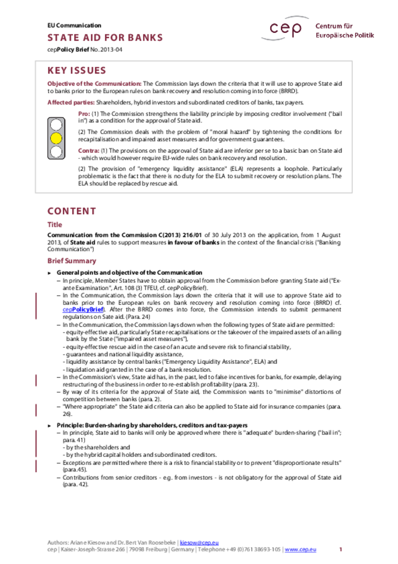State aid for banks C(2013) 216/01